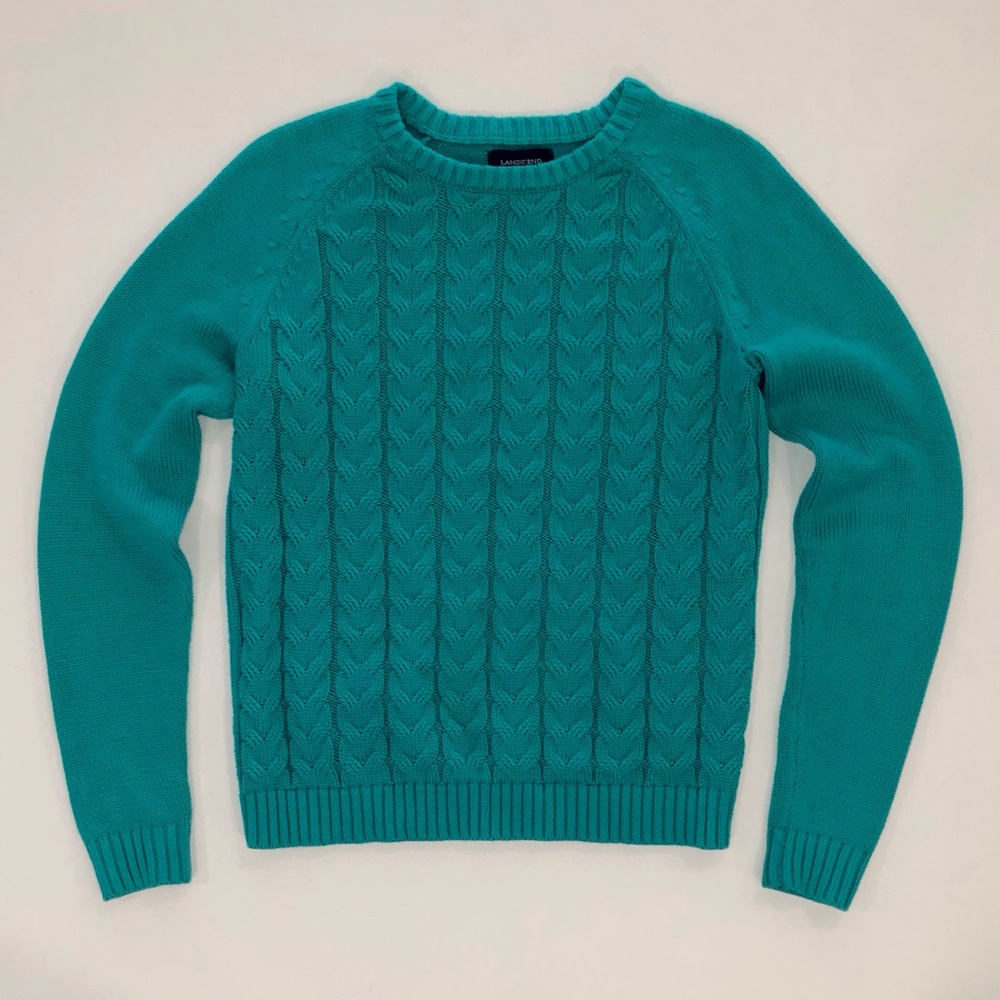 Lands End Drifter Teal Cable Knit Cotton Sweater S